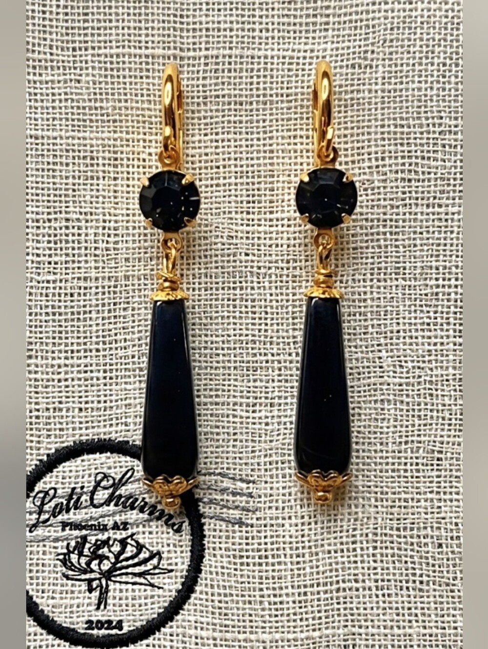 Victorian Black Hematite W/ Black Diamond Crystal In Gold Plated Long Earrings